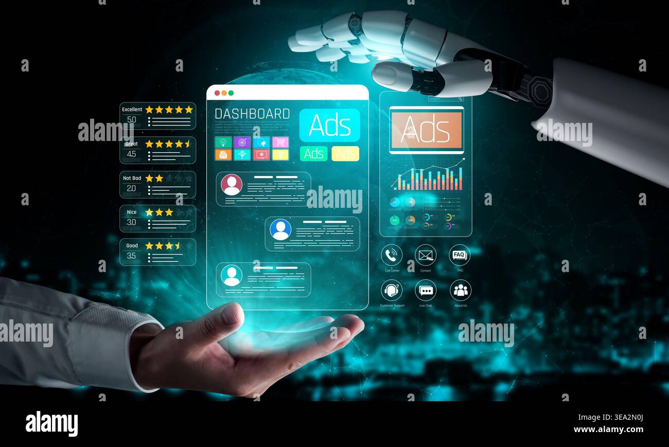 Futuristic Robot Hand Interacting with Digital Advertising Dashboard Displaying Analytics and User Data in a Technology-Driven Environment Sigmoid Stock Photo