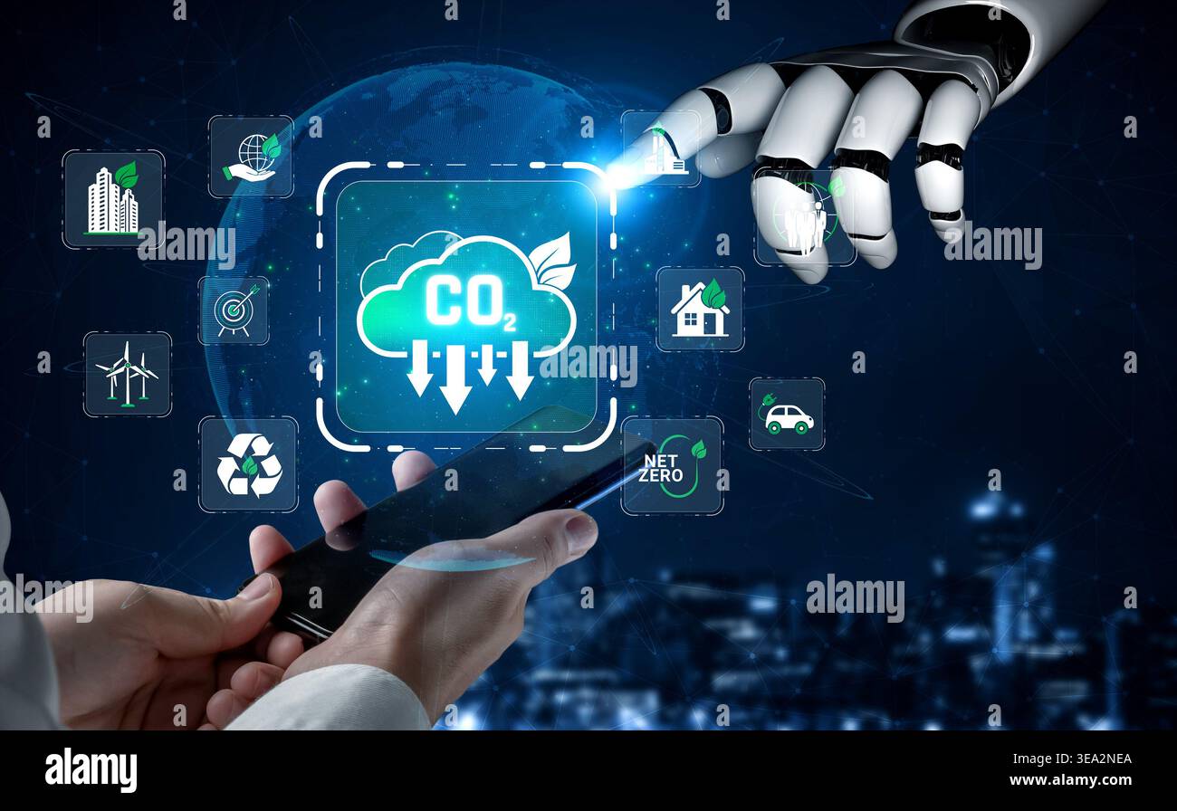 Futuristic concept of carbon emission reduction through technology, showcasing robotic hand interacting with digital cloud symbols and smartphone Stock Photo