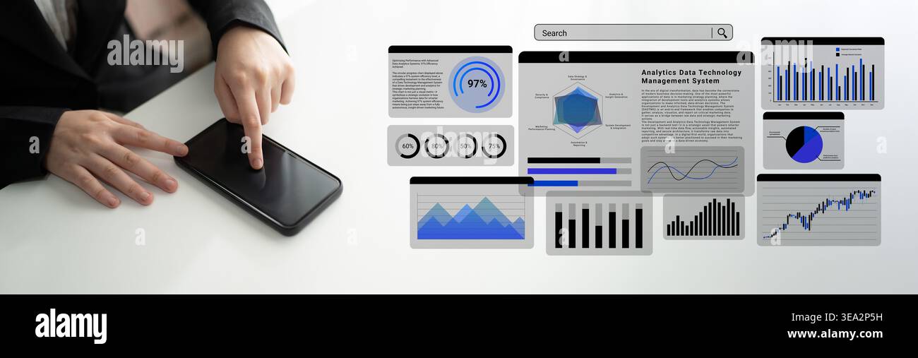 A person interacts with a smartphone while various business analytics and data visualization graphics are displayed, emphasizing technology and Stock Photo