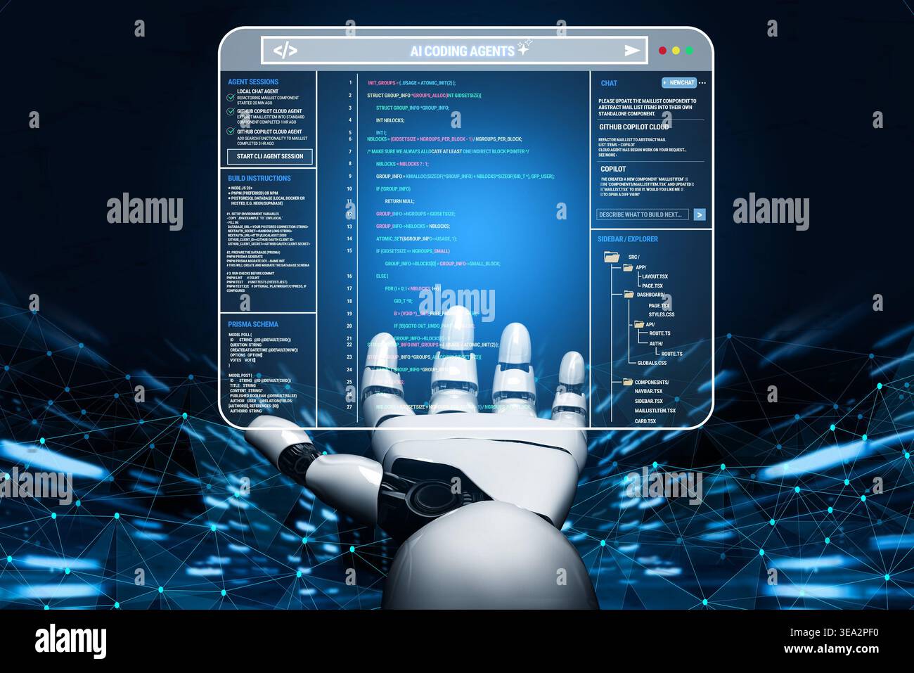 Futuristic Robot Hand Interacting with Computer Display Featuring AI Coding Algorithms and Digital Network Connections in a High-Tech Environment Stock Photo