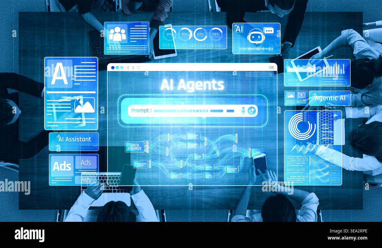 Collaborative Workspace with AI Technology and Data Analysis Tools, Featuring Interactive Digital Interfaces for Enhanced Productivity and Innovation Stock Photo