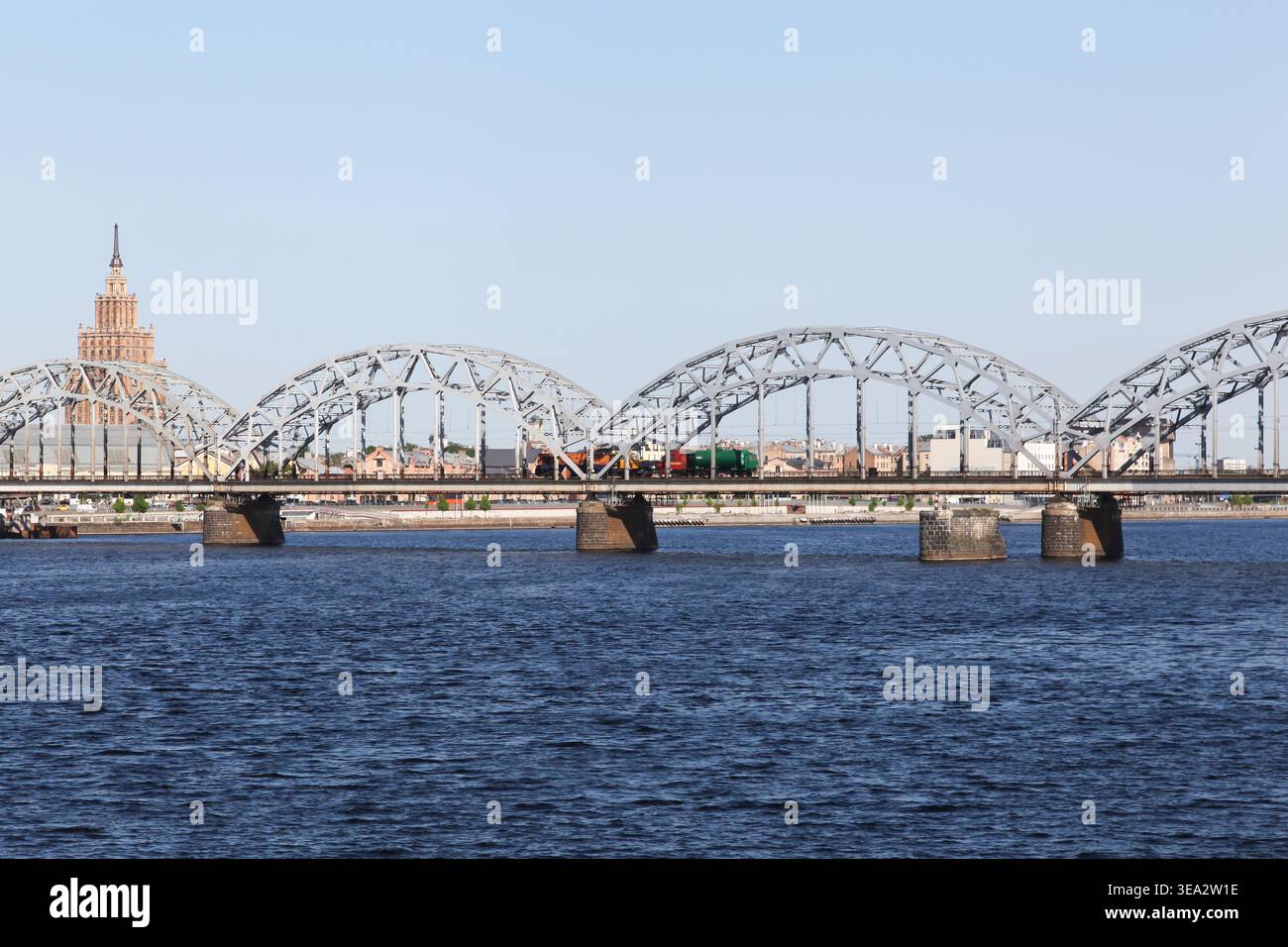 View of the railway bridge and the city of Riga in Latvia Stock Photo
