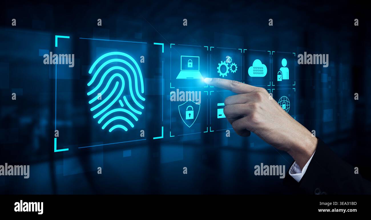 System for safeguarding digital identity using fingerprint authentication, encryption, and secure access protocols across cloud, device, and personal Stock Photo