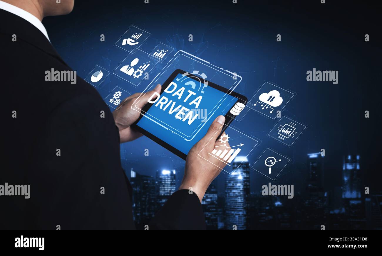 Data-driven decision-making empowers business through analytics, datum collection, and AI systems. Data driven tools support cloud data processing and Stock Photo