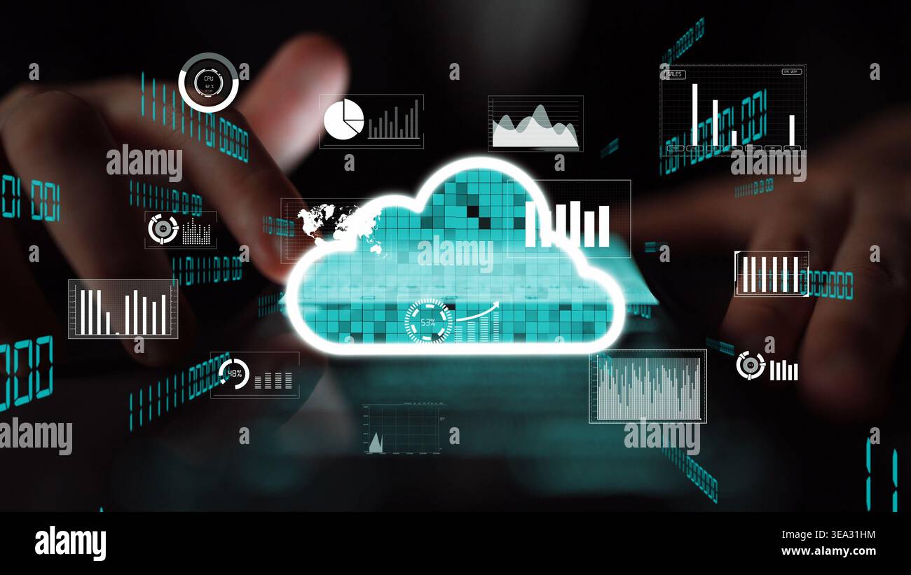 A conceptual image illustrating cloud computing technology with dynamic data visualizations, graphs, and user interfaces prominently displayed on a Stock Photo