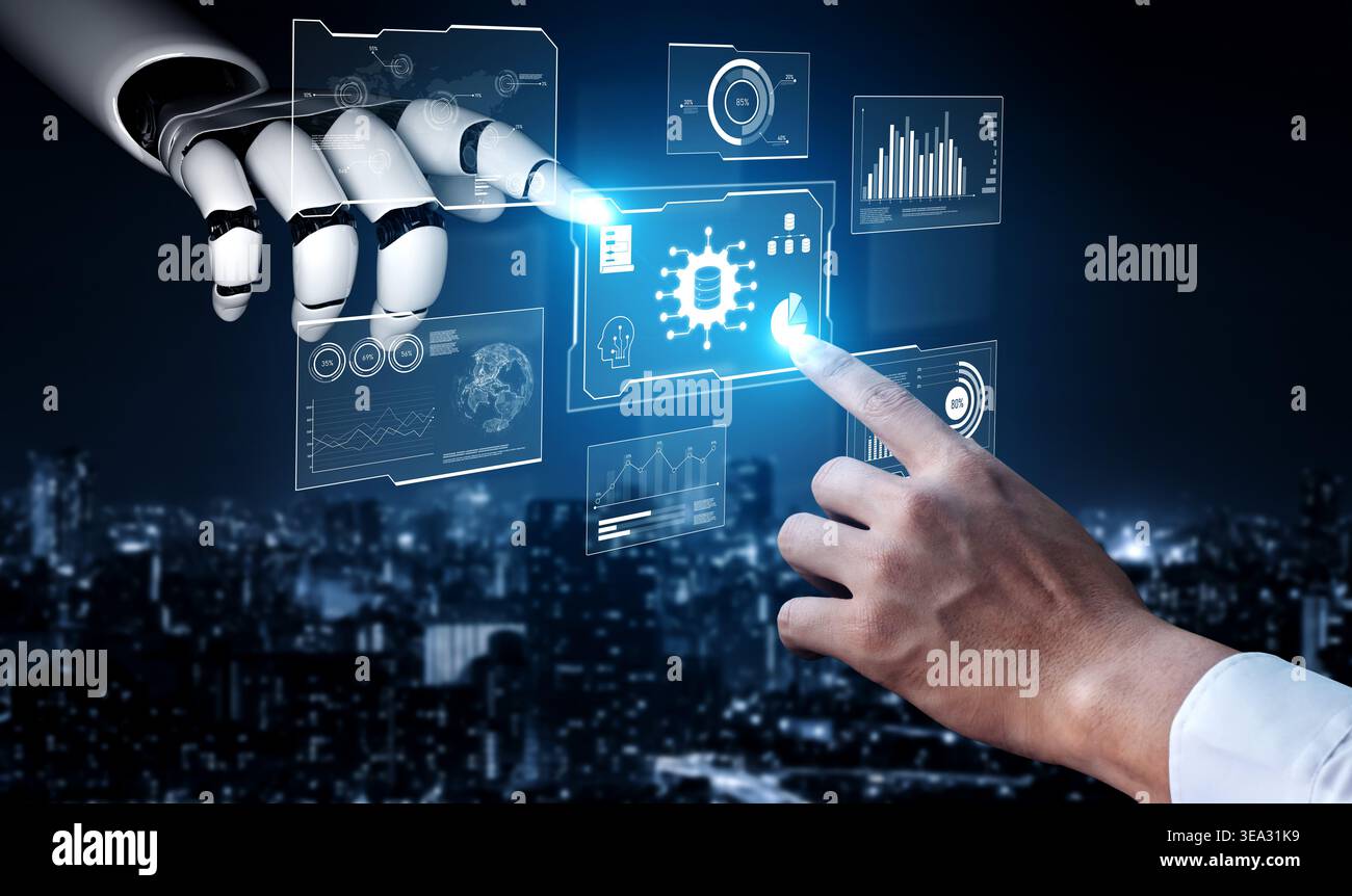 AI reading big data visualization dashboard, analyzing insights, identifying patterns, and generating strategic decisions through automated data Stock Photo