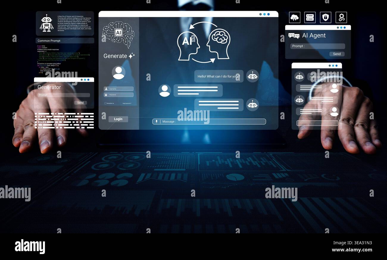 Explore a modern digital workspace featuring a futuristic user interface with AI chatbot interaction, showcasing advanced technology in data analysis Stock Photo