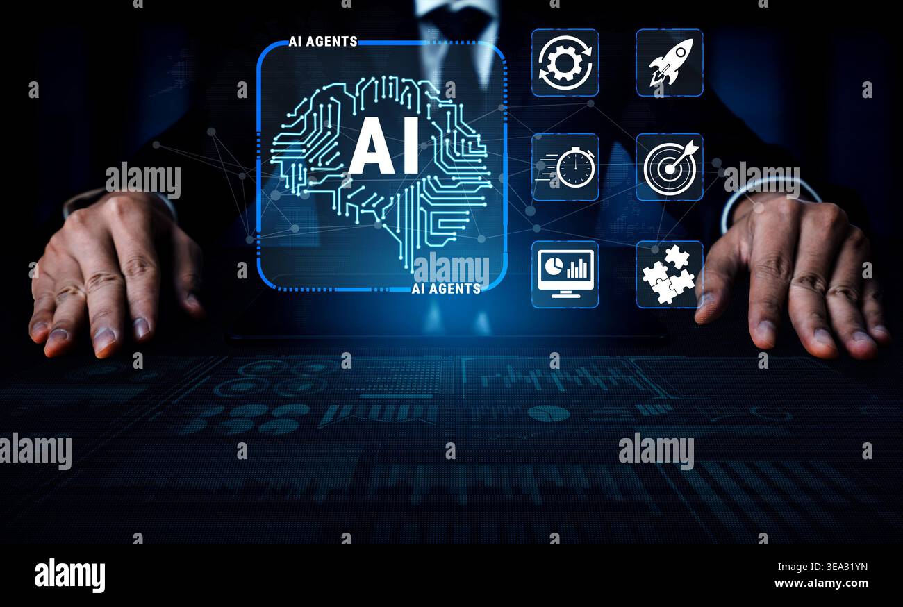 Futuristic Concept of Artificial Intelligence with Technology Interface and Data Visualization with Hands in Background Quark. Stock Photo