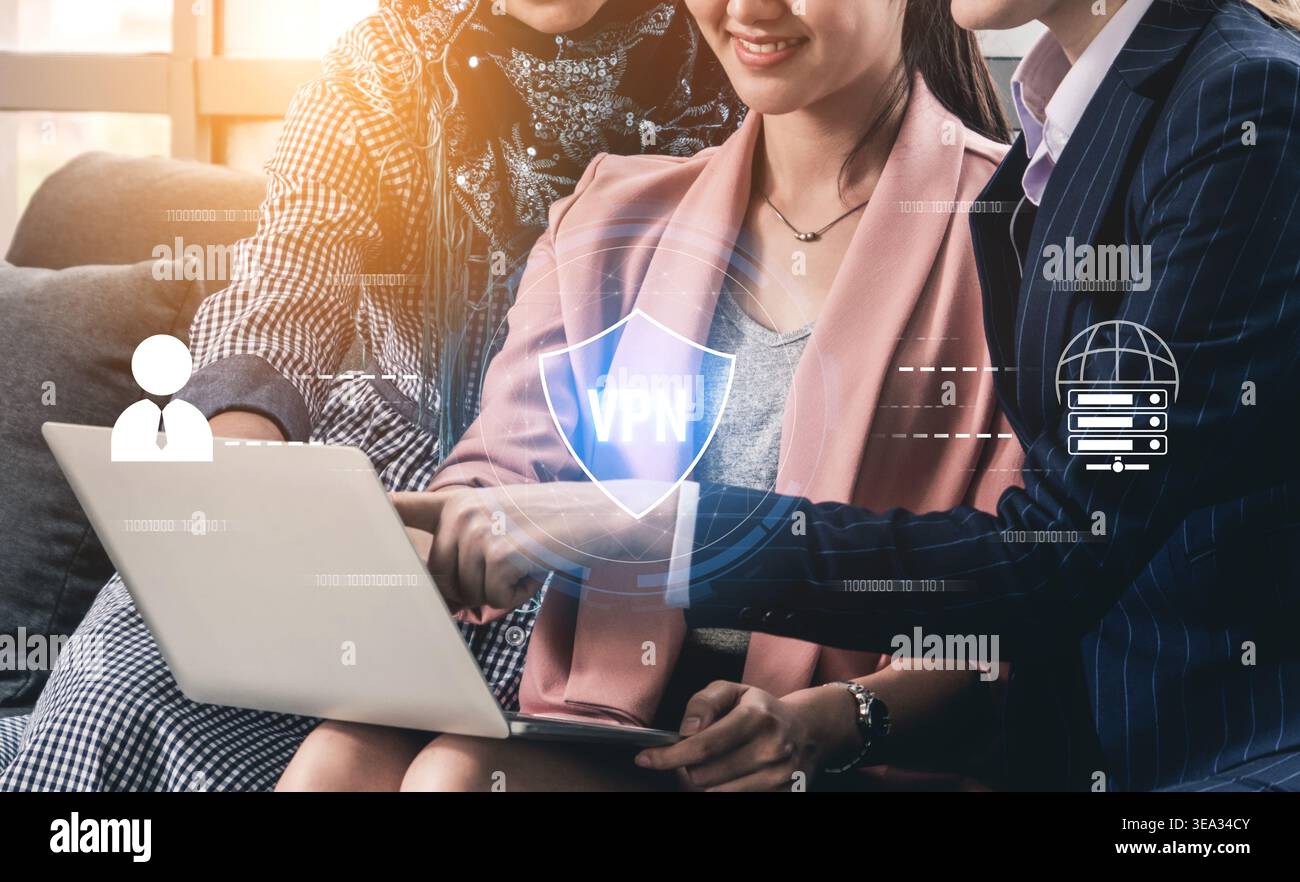 VPN security protects network access. VPN security encrypts data, hides identity, VPN security defends traffic, and VPN security secures connection Stock Photo