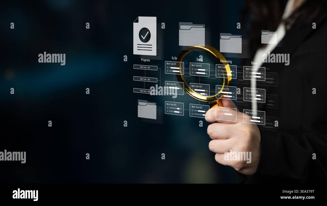 Task management workflow dashboard visualizing to-do lists, ongoing tasks, review status, and completed items to support productivity and project Stock Photo