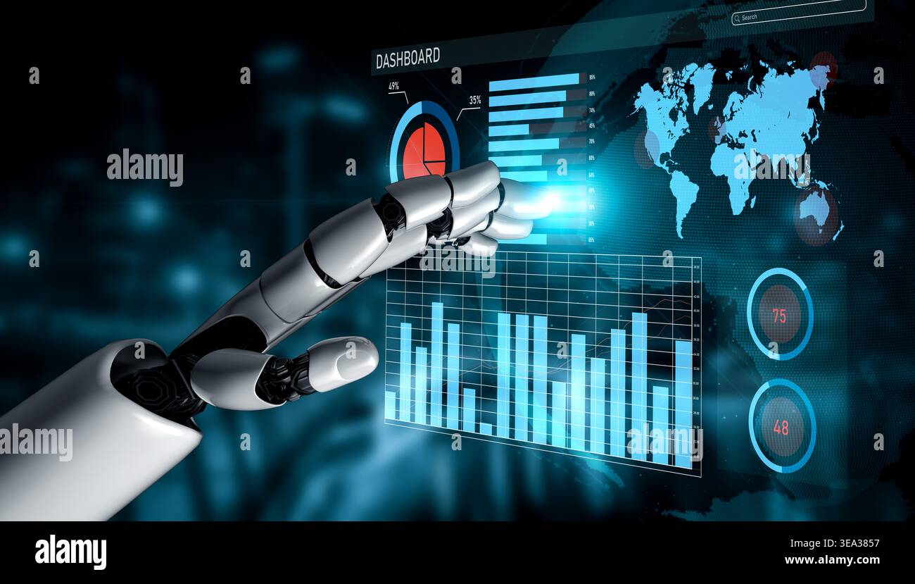 A futuristic robot hand reaches toward a data visualization dashboard, showcasing interactive graphs and statistics, symbolizing technology and Stock Photo