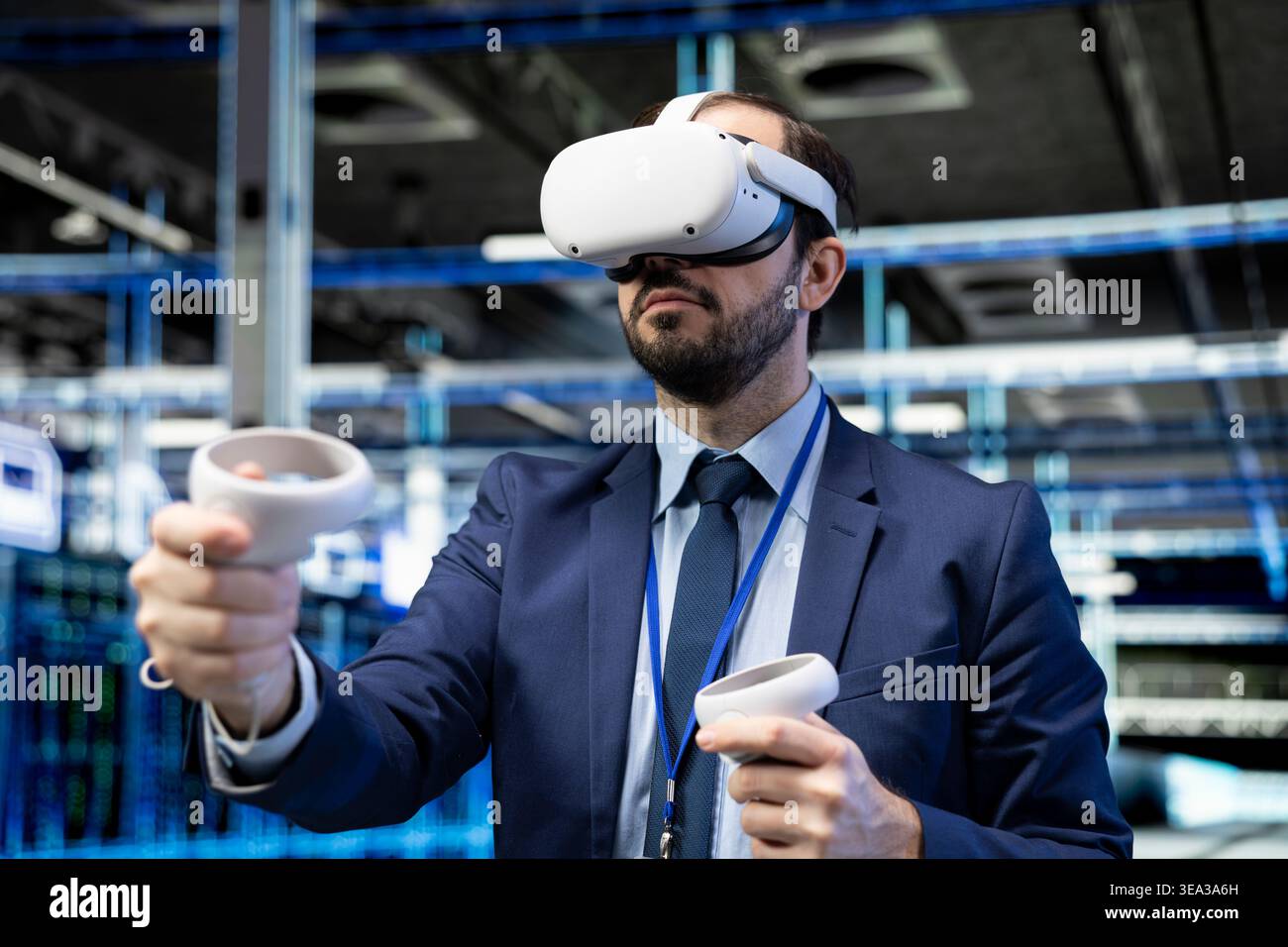 Data center technician using VR headset tech to evaluate hardware diagnostic reports. Server room IT expert using virtual reality simulation technology to automate supercomputers processing Stock Photo