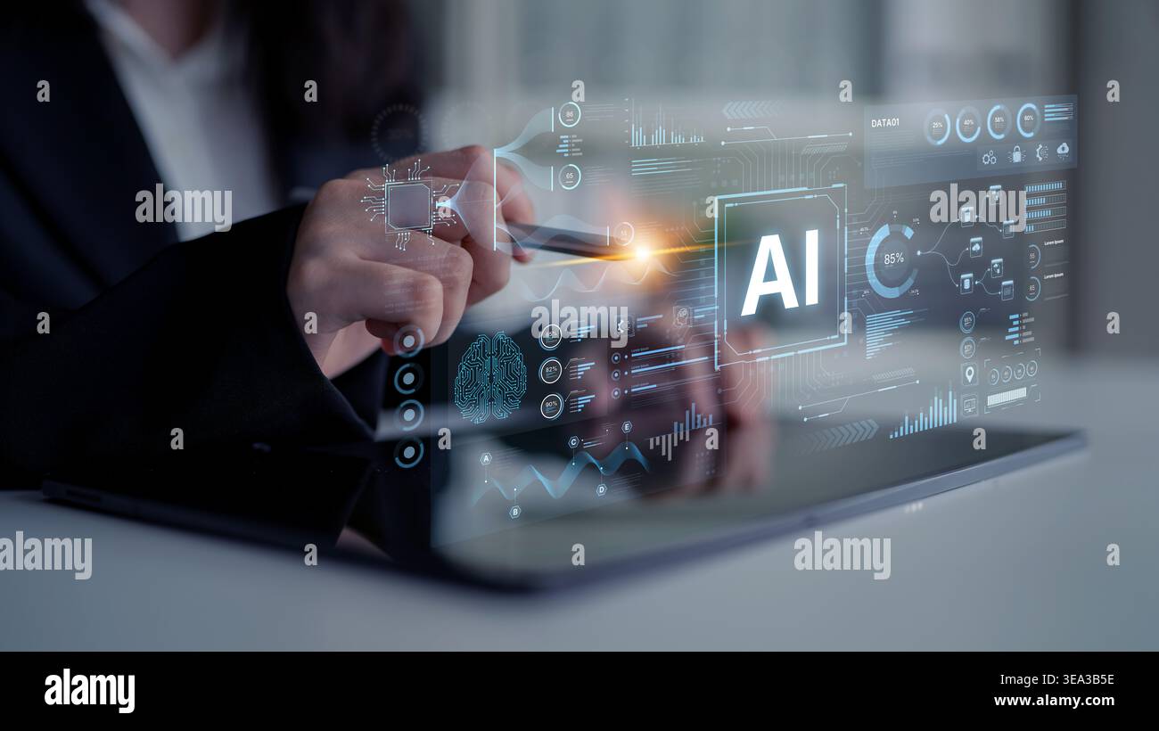 A futuristic AI dashboard for business intelligence. This platform showcases advanced data analytics, processing complex information into visual Stock Photo