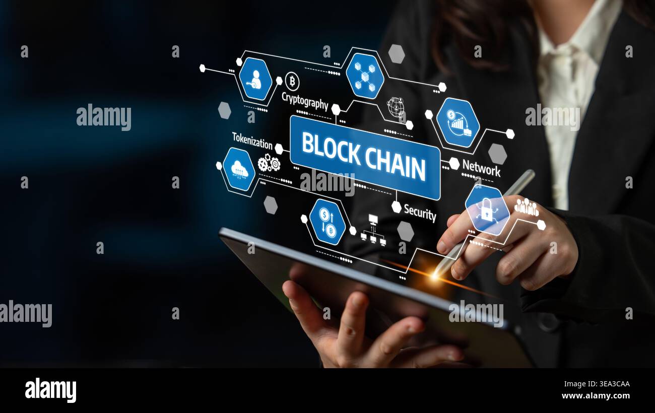 A business professional engages with a digital tablet, exploring blockchain technology through interactive graphics focused on security and network Stock Photo