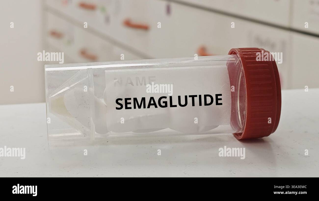 SEMAGLUTIDE tablets used to treat type 2 diabetes and obesity a GLP1  receptor agonist in a plastic box Stock Photo