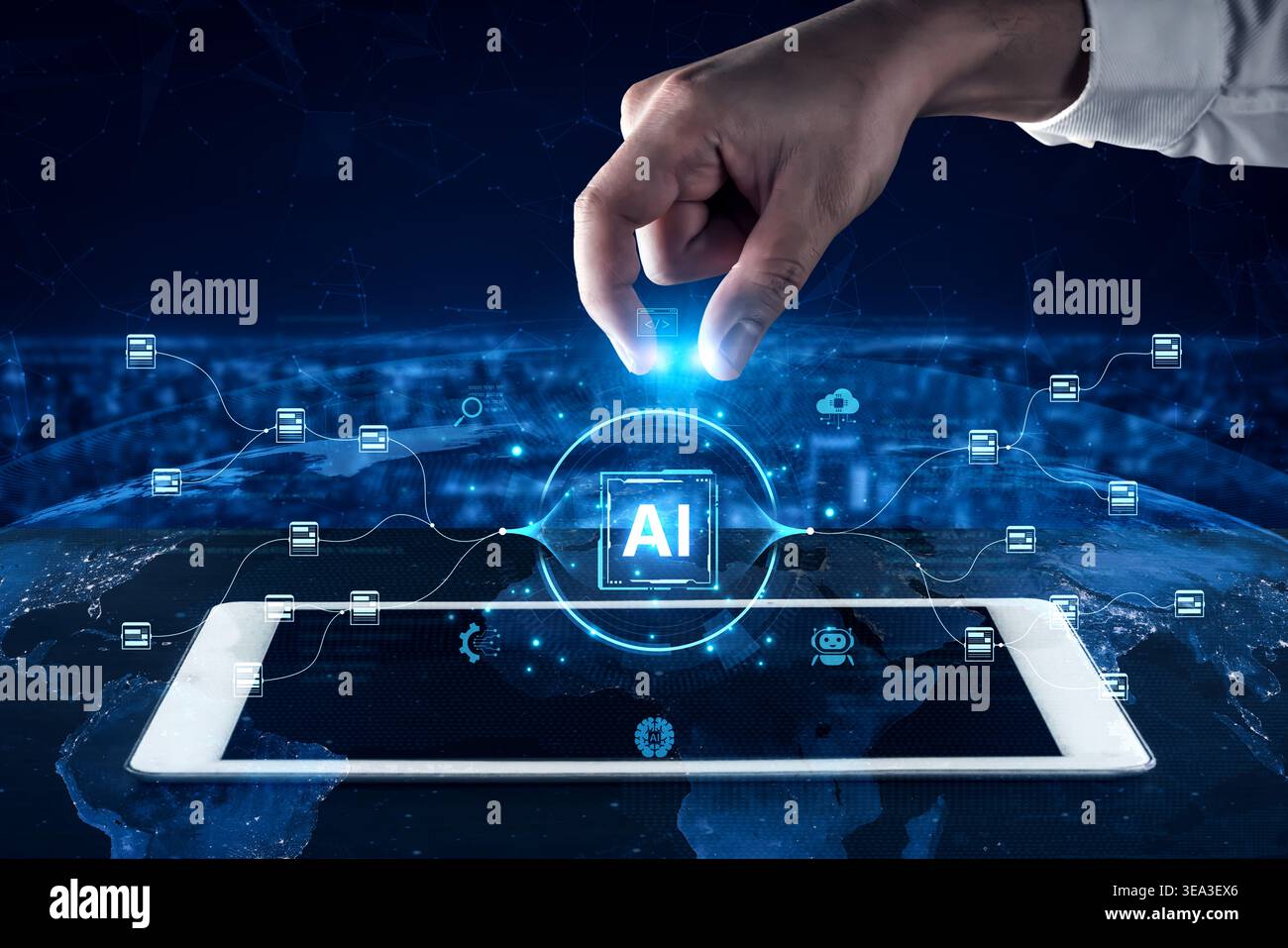 An AI-powered system for automating data workflows. The central intelligence processes and distributes information, managing complex data pipelines as Stock Photo