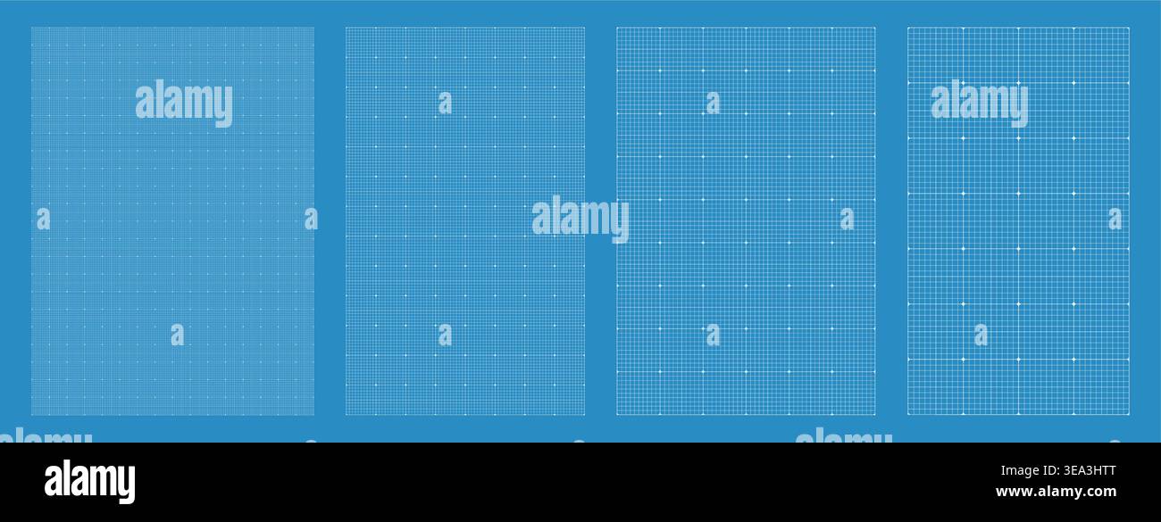 Blueprint grid set dashed millimeter geometry, four scale variations. Wide medium dense micro spacing comparison, engineering layouts dashboards notebook pages interface planning systems graphics. Stock Vector