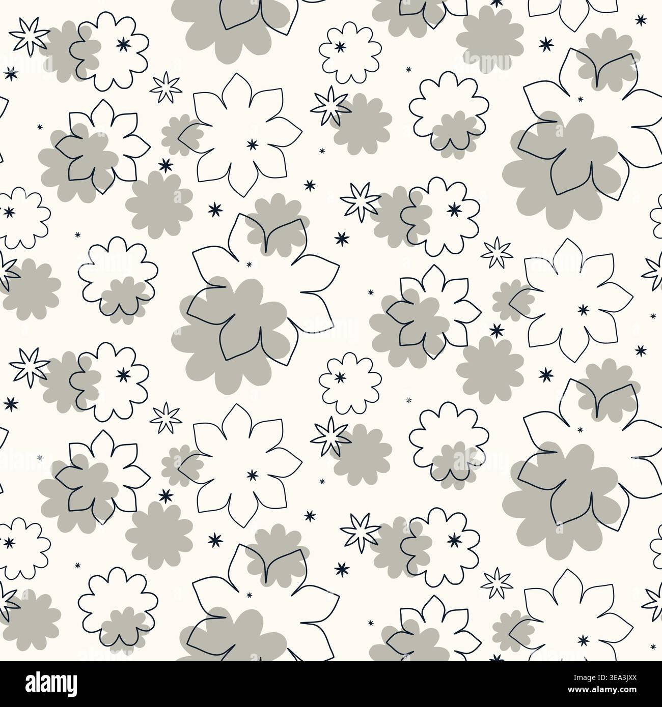 A seamless pattern displaying black outlined flowers and soft grey solid shapes on a light cream background. Stock Vector
