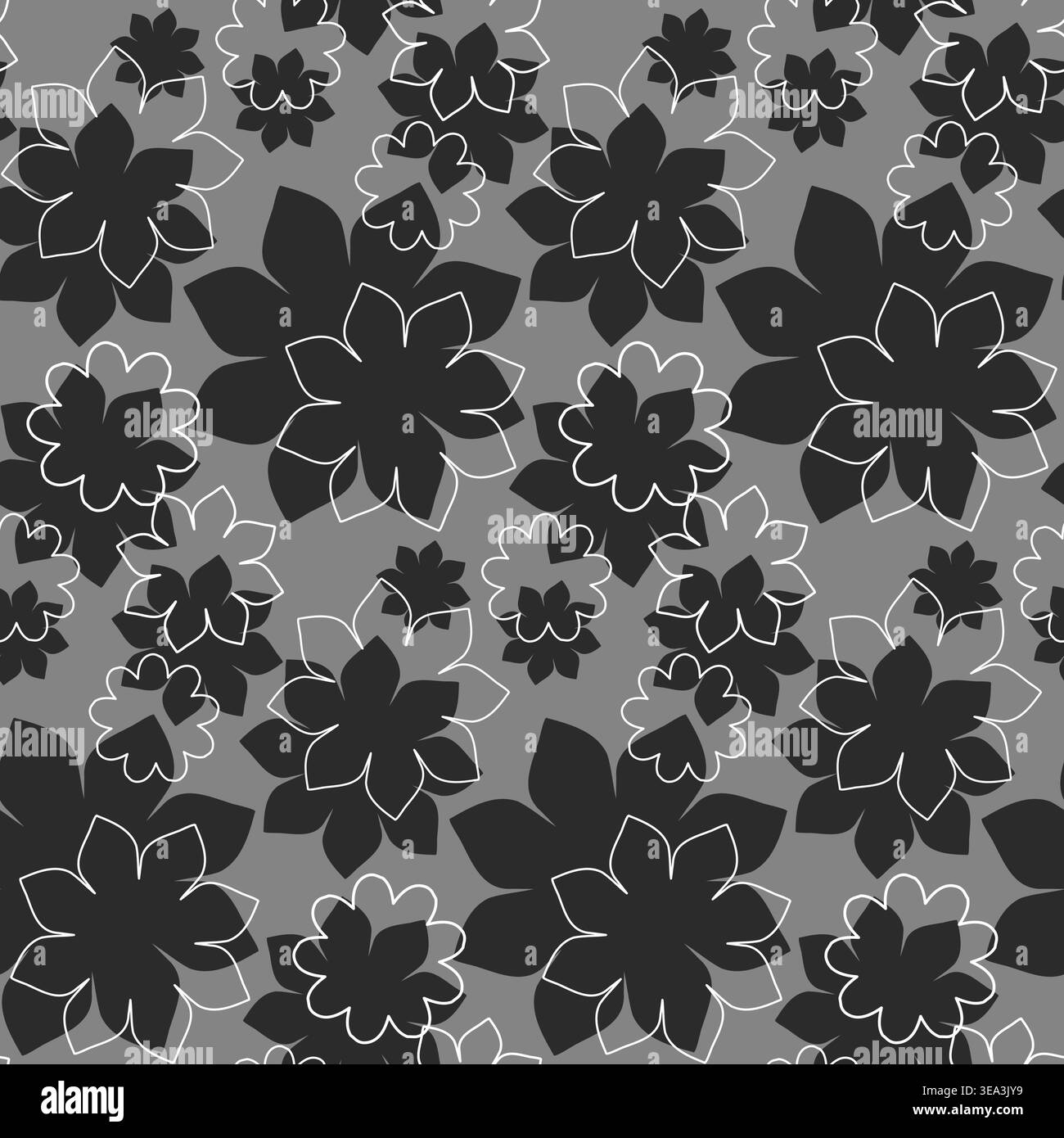 Repeating monochromatic floral design showing various stylized gray and black flowers, some solid, some outlined in white. Creates an elegant and modern decorative backdrop. Stock Vector