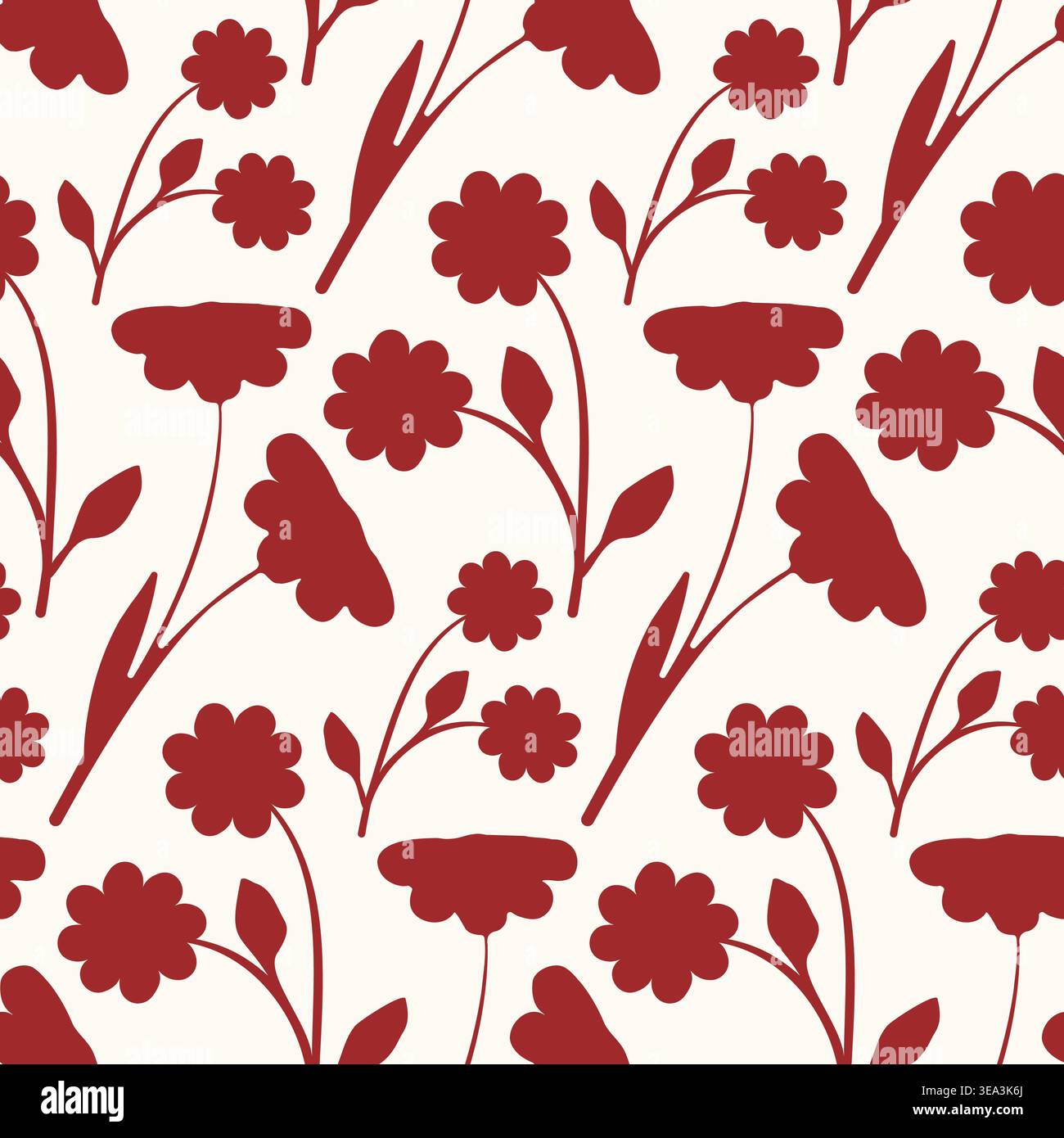 A repeating seamless pattern features stylized deep red floral shapes and stems. Stock Vector