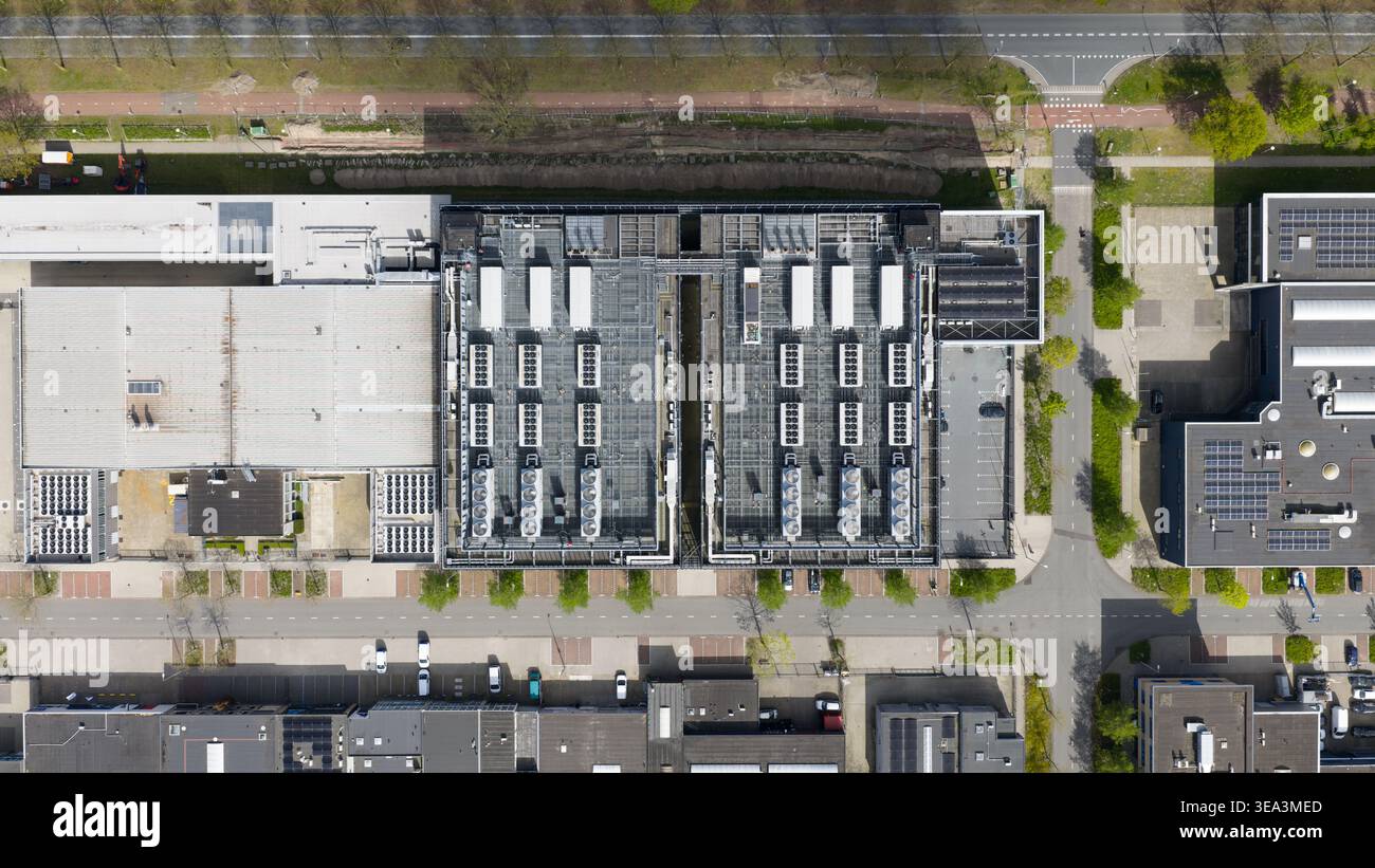 Data Center Rooftop Aerial view of the Equinix Data Center with rooftop cooling units and ...