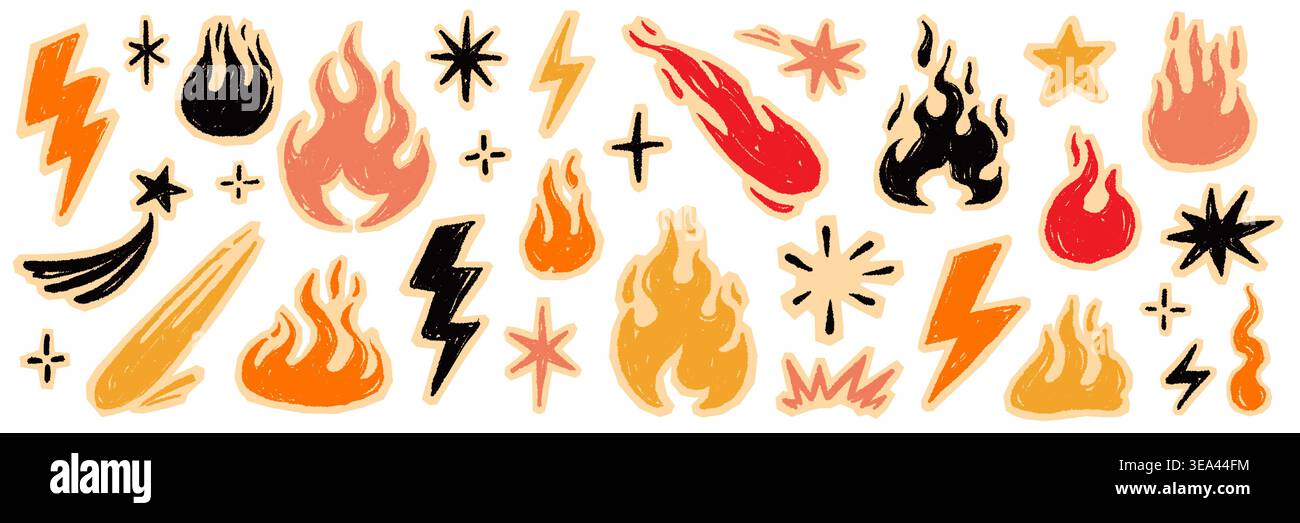 Fire flame icon doodle set. Hand drawn fire flame brush scribble grunge chalk texture shape graphic. Lightning bolt explosion energy blast power sticker rock burst. Vector illustration Stock Vector