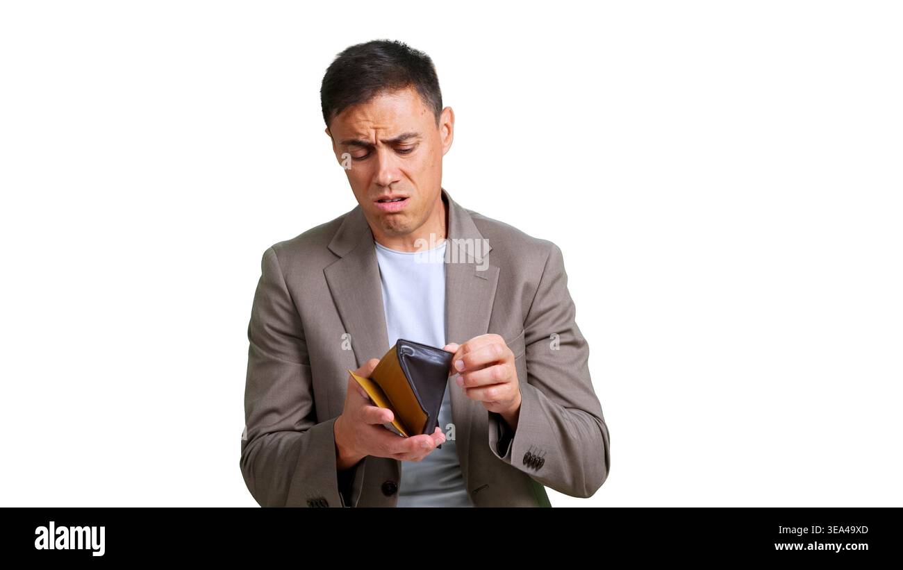 Upset man holding empty wallet on transparent background Stock Photo