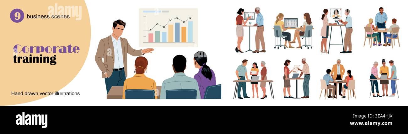 Staff training and business education scenes set Stock Vector