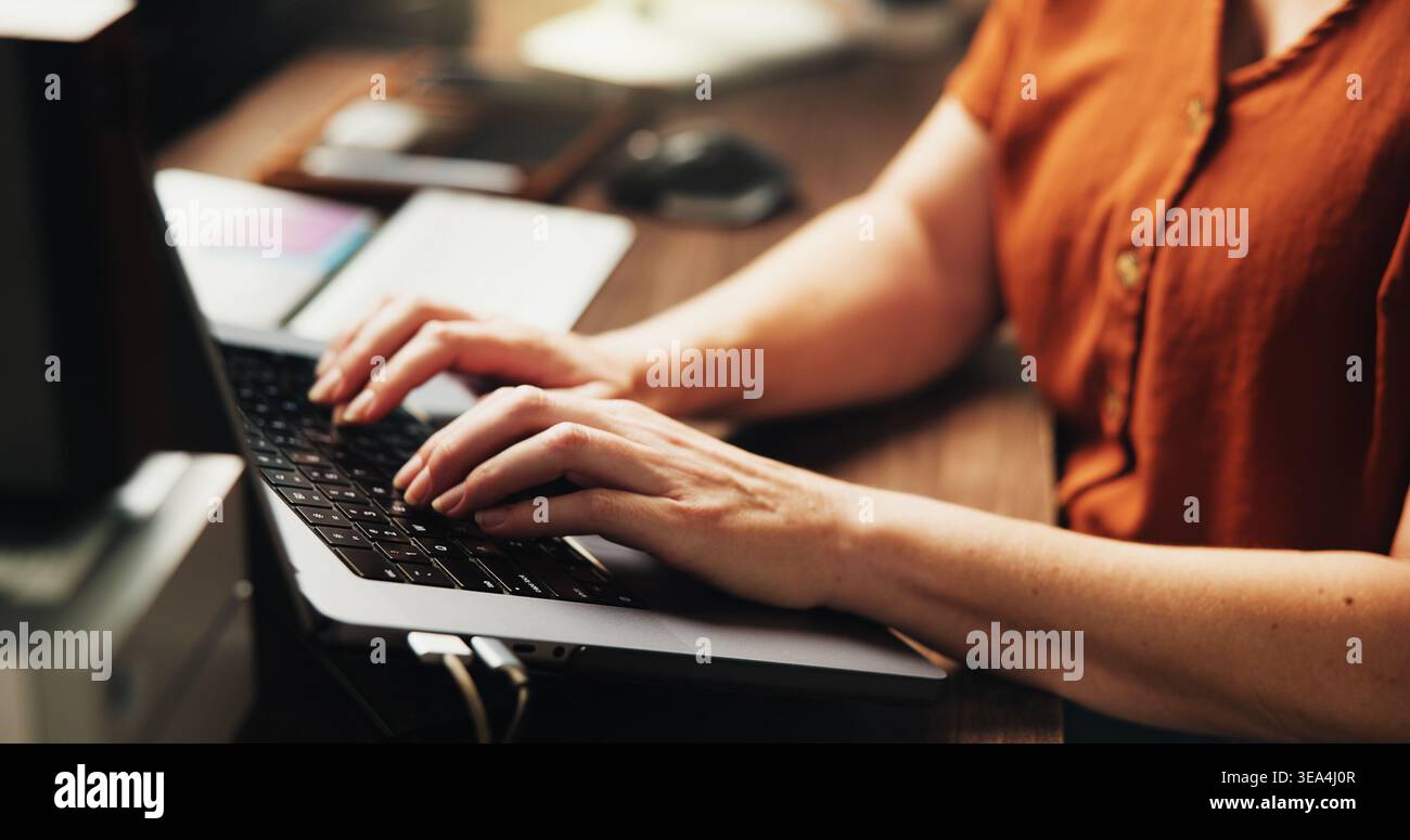 Laptop, hands and programmer with business woman in office for web developer, coder or typing. Software engineer, firewall update and coding system Stock Photo