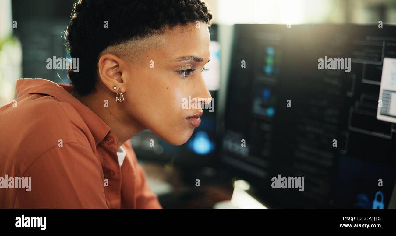 Research, coding and computer with business woman in office for web programmer, it expert or reading. Software engineer, developer update and database Stock Photo