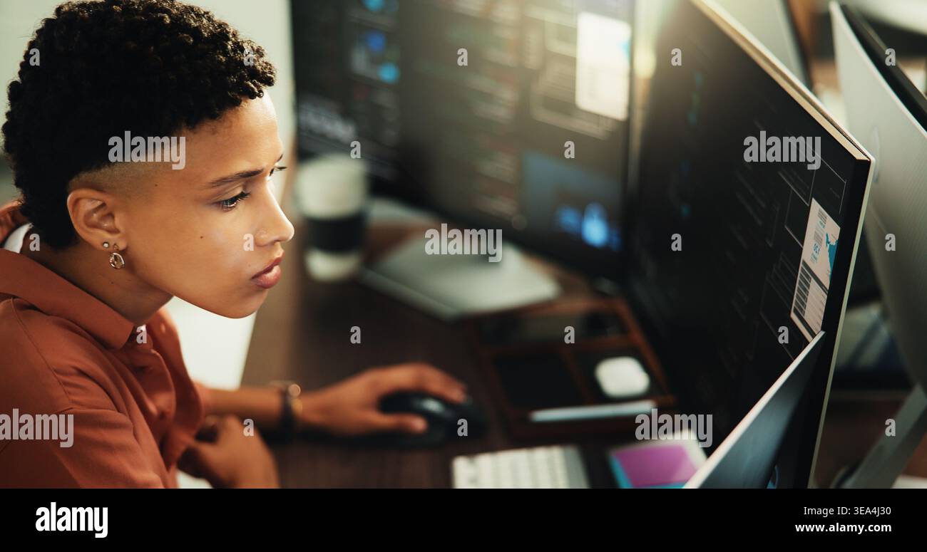 Reading, coding and computer with business woman in office for web programmer, it expert or research. Software engineer, developer update and database Stock Photo