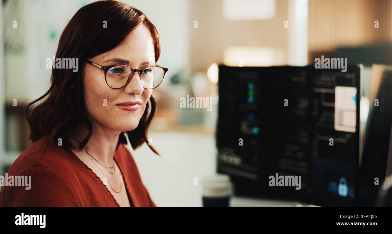 Glasses, programmer and computer with business woman in office for web developer, it expert or research. Software engineer, coding update and database Stock Photo