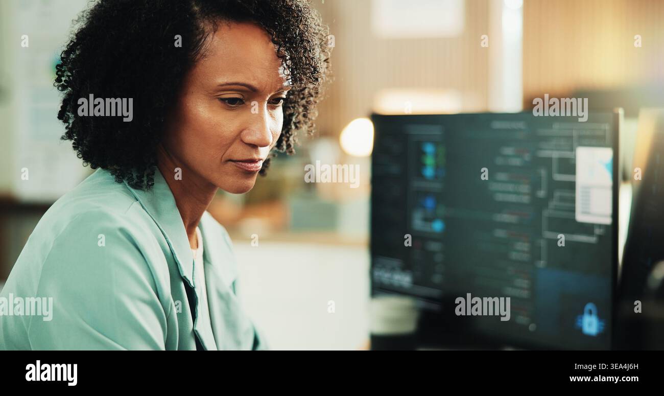 Computer, programmer and research with woman in office for coding, cyber security or cloud computing. Programming, reading and developer with person Stock Photo