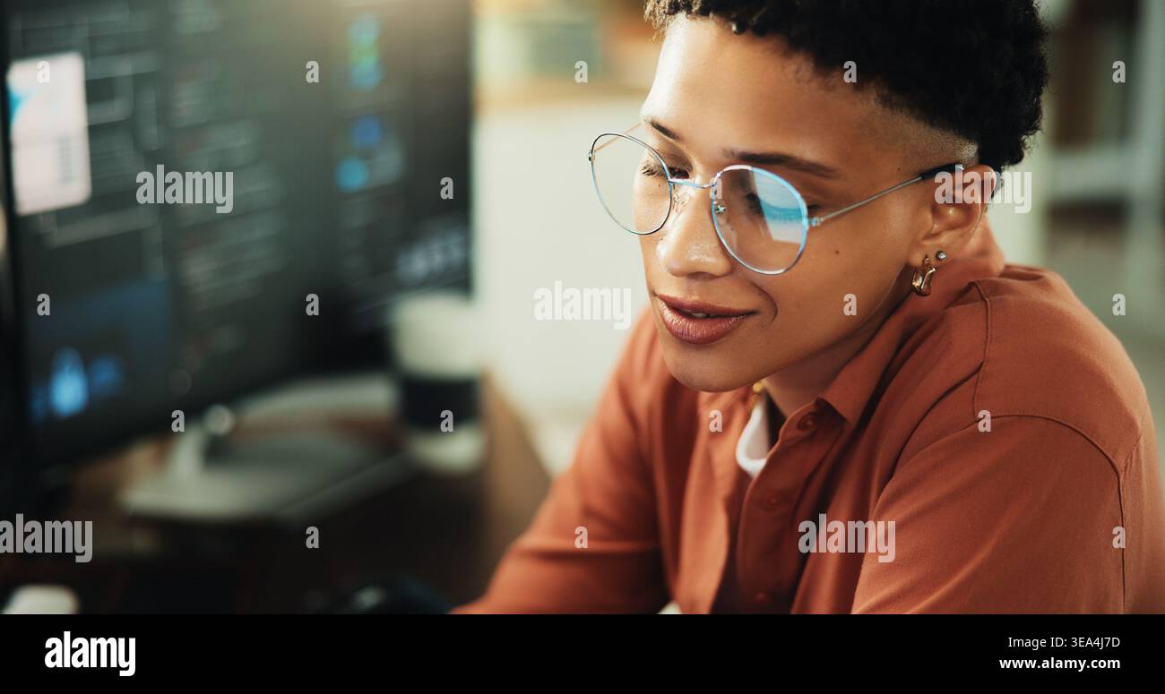 Glasses, developer and computer with business woman in office for web programmer, it expert or research. Software engineer, coding update and database Stock Photo