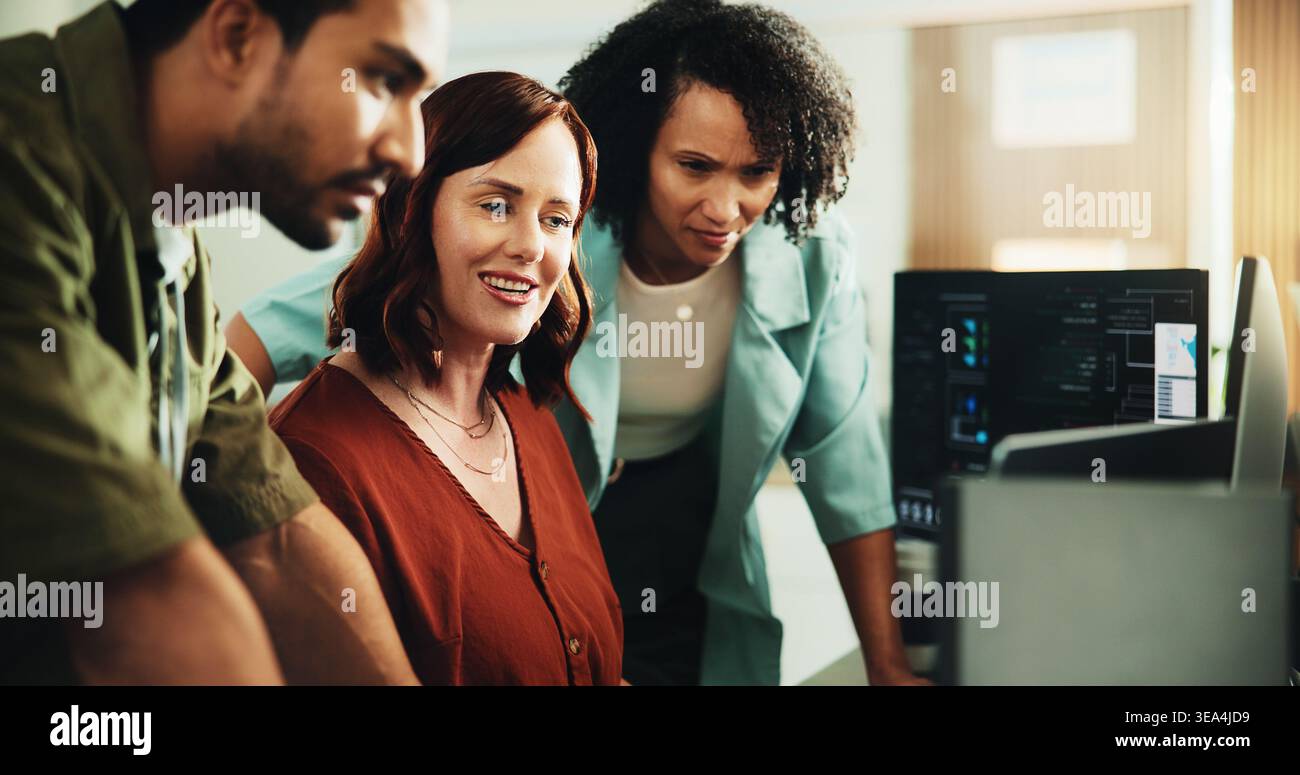 Computer, coding and smile with business people in office for programmer review, research and project. Web developer, software engineer and tech Stock Photo