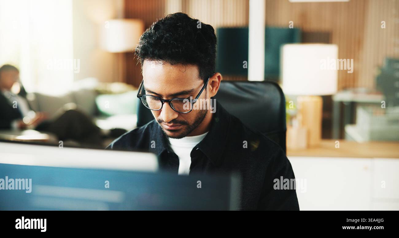 Computer, research and programmer with business man in office for web developer, code or database. Software engineer, firewall update and coding Stock Photo