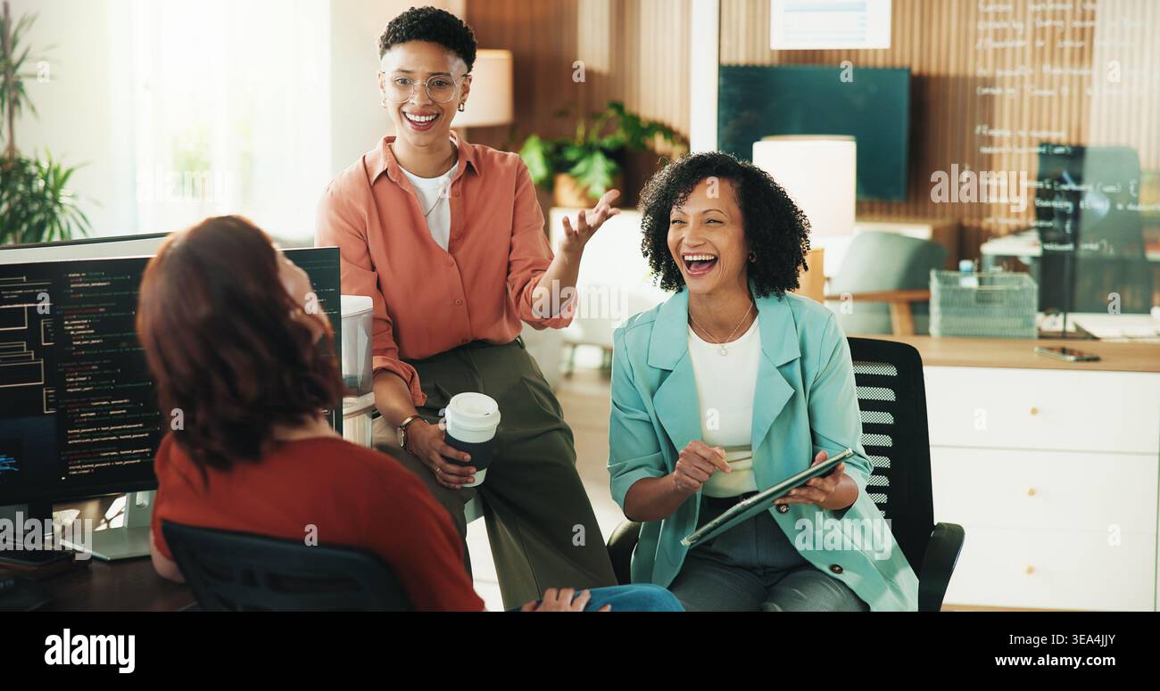 Laugh, programmer and team with business people in office for app developer, support and database. It engineer, software launch success and Stock Photo