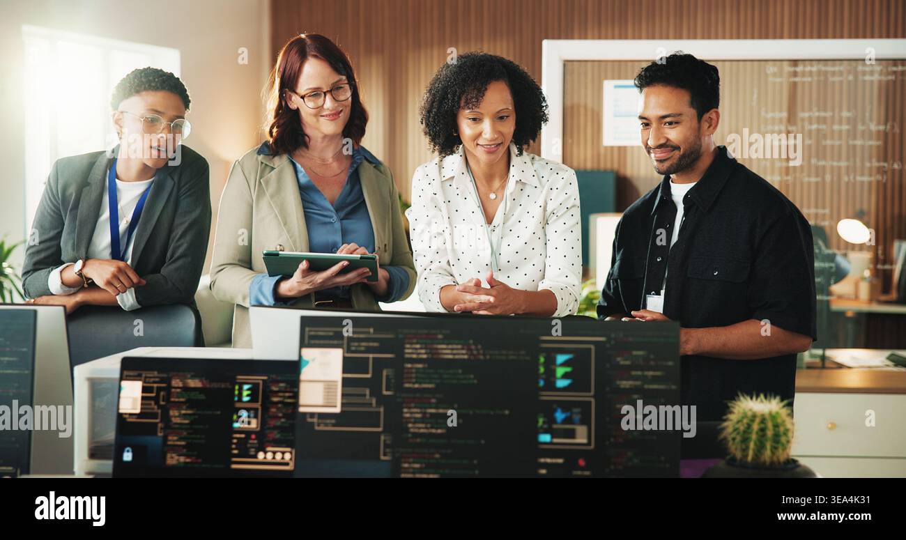 Developer, planning and computer with business people in office for database, team and cyber security. Software engineer, firewall update and feedback Stock Photo