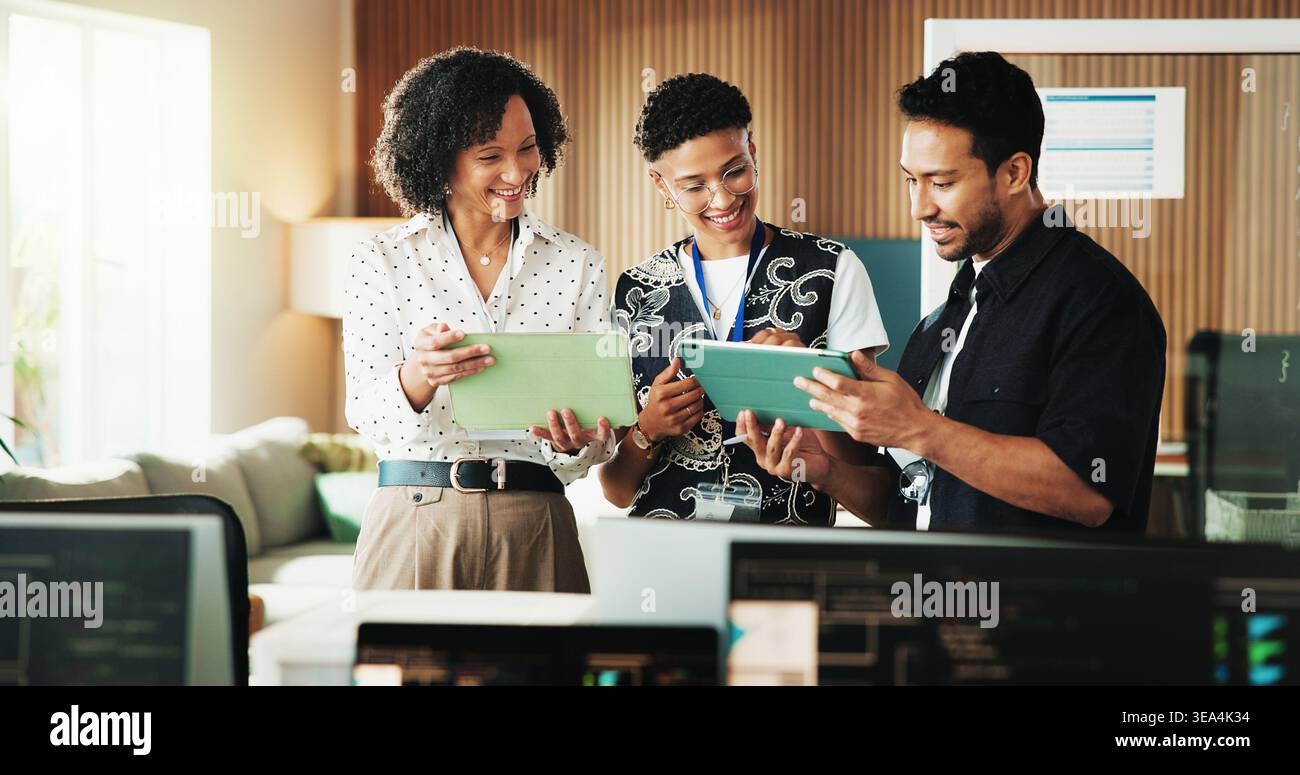 Tablet, coding and research with business people in office for programmer review, team and project. Web developer, software engineer and tech workshop Stock Photo