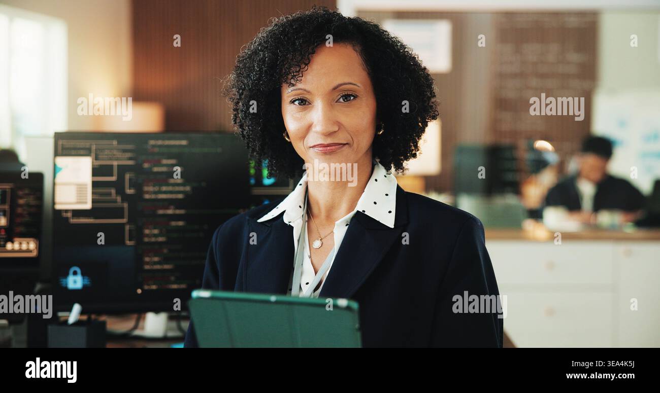 Tablet, programmer and portrait with woman in office for coding, cyber security and cloud computing. Programming, research and developer with employee Stock Photo