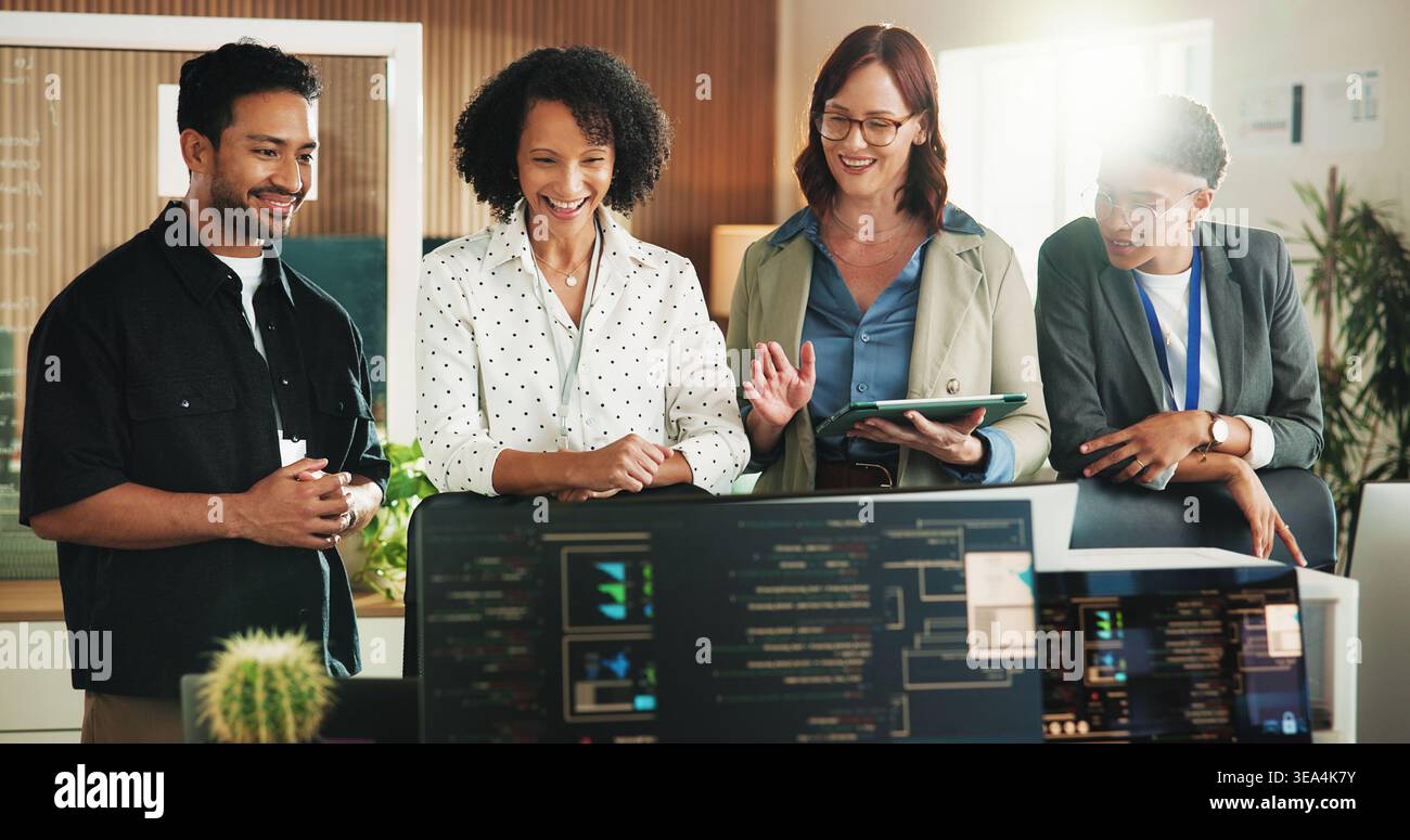 Developer, smile and computer with business people in office for database, team and cyber security. Software engineer, firewall update and feedback Stock Photo