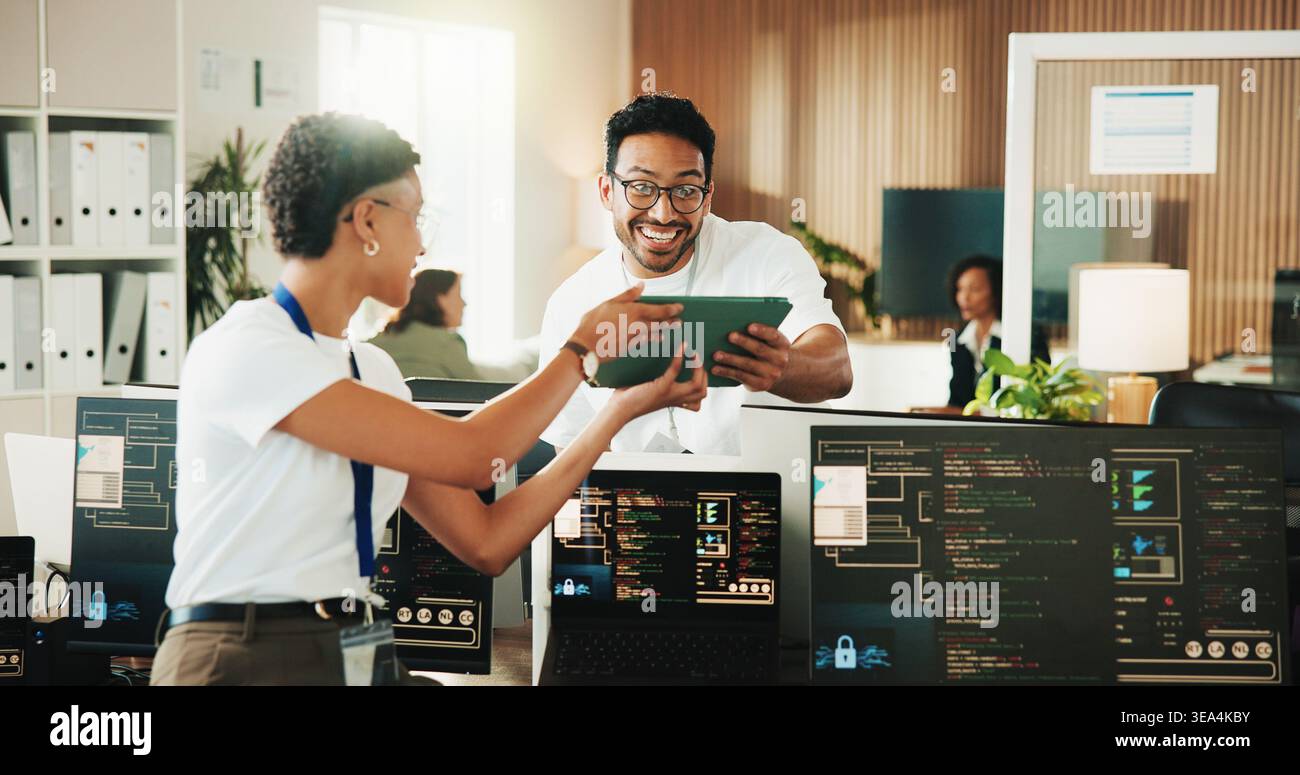 Tablet, programmer and excited with business people in office for app developer, support and database. It engineer, software launch success and Stock Photo