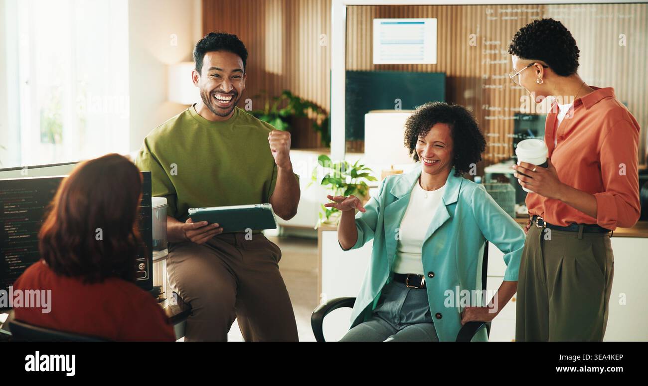 Tablet, programmer and support with business people in office for app developer, team and database. It engineer, software launch success and Stock Photo