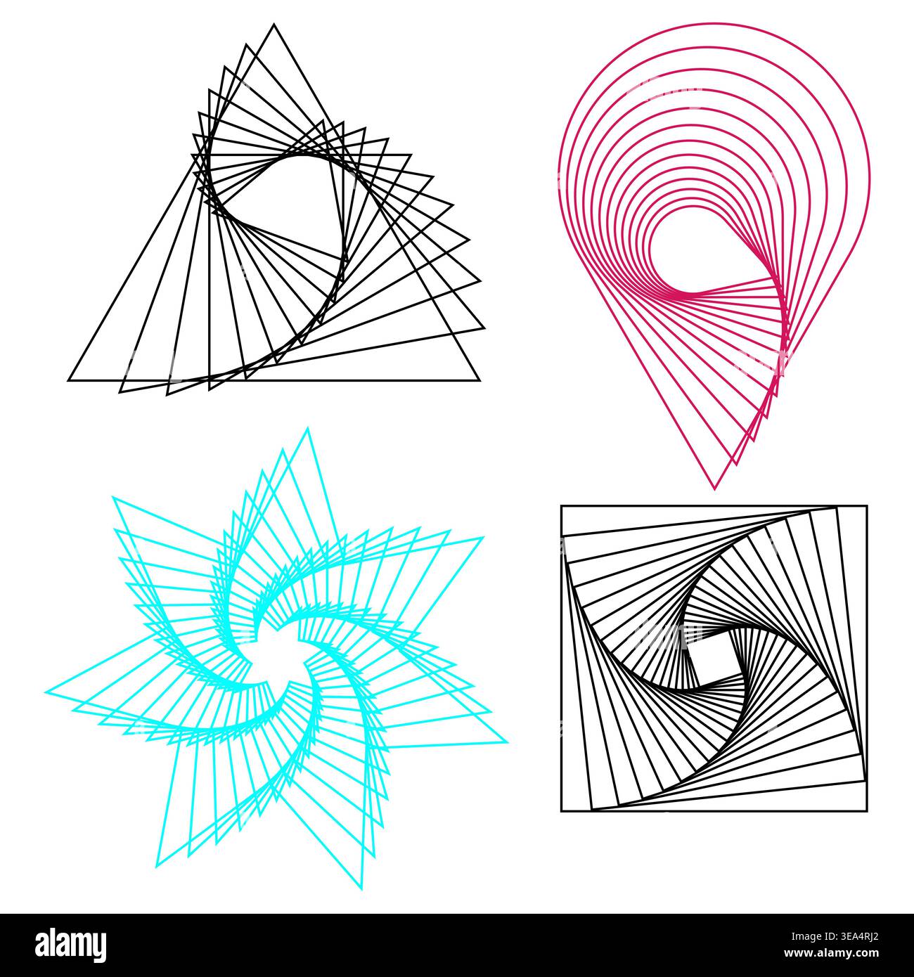 Geometric shapes set. Op art line patterns. Dynamic spiral Vector. Triangle circle square forms. Stock Vector