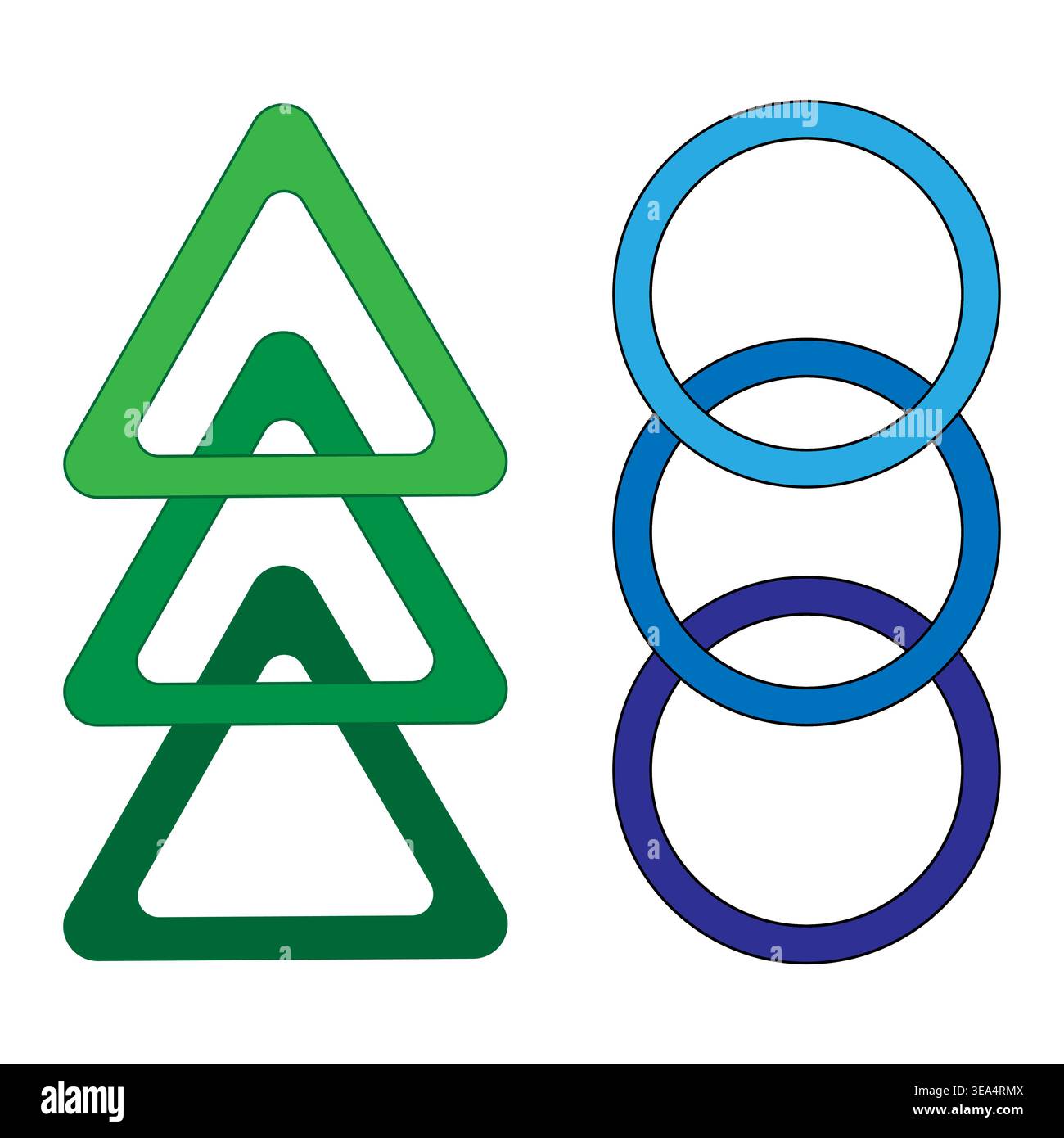Overlapping shape set. Linked geometry symbol. Connected Vector element. Green blue sign. Stock Vector
