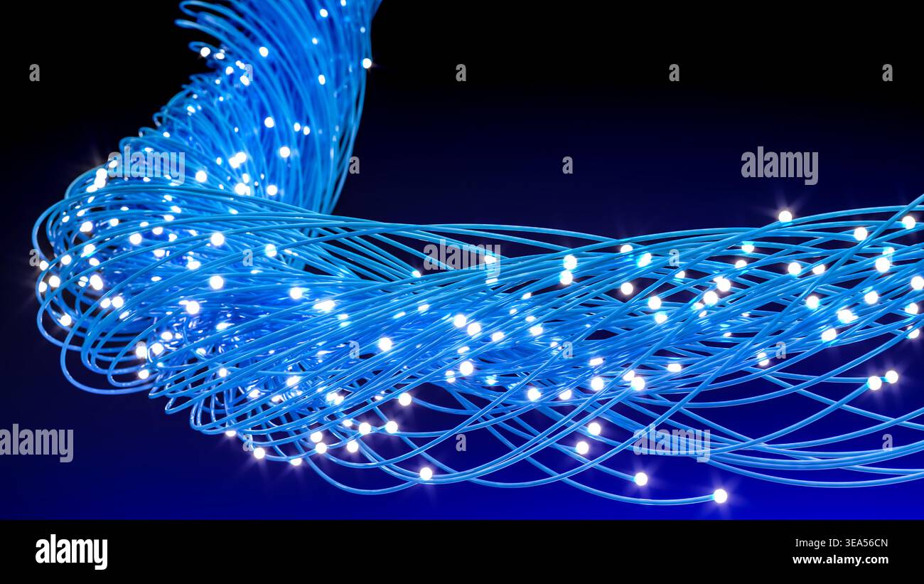 3d Fiber optics cables forming a twisted blue gradient background Stock Photo