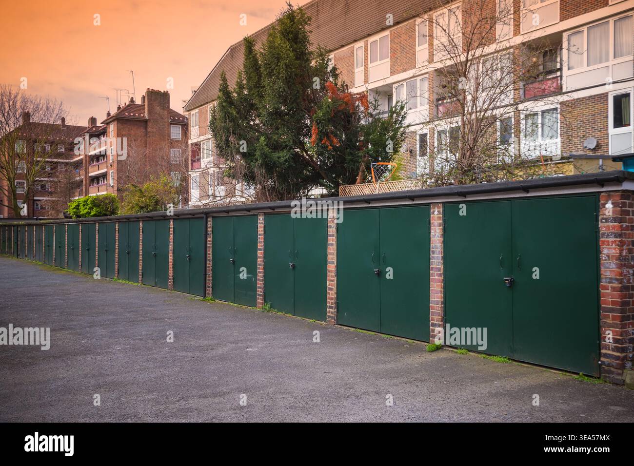 Council garages at Rockingham estate in the Elephant and Castle, London ...
