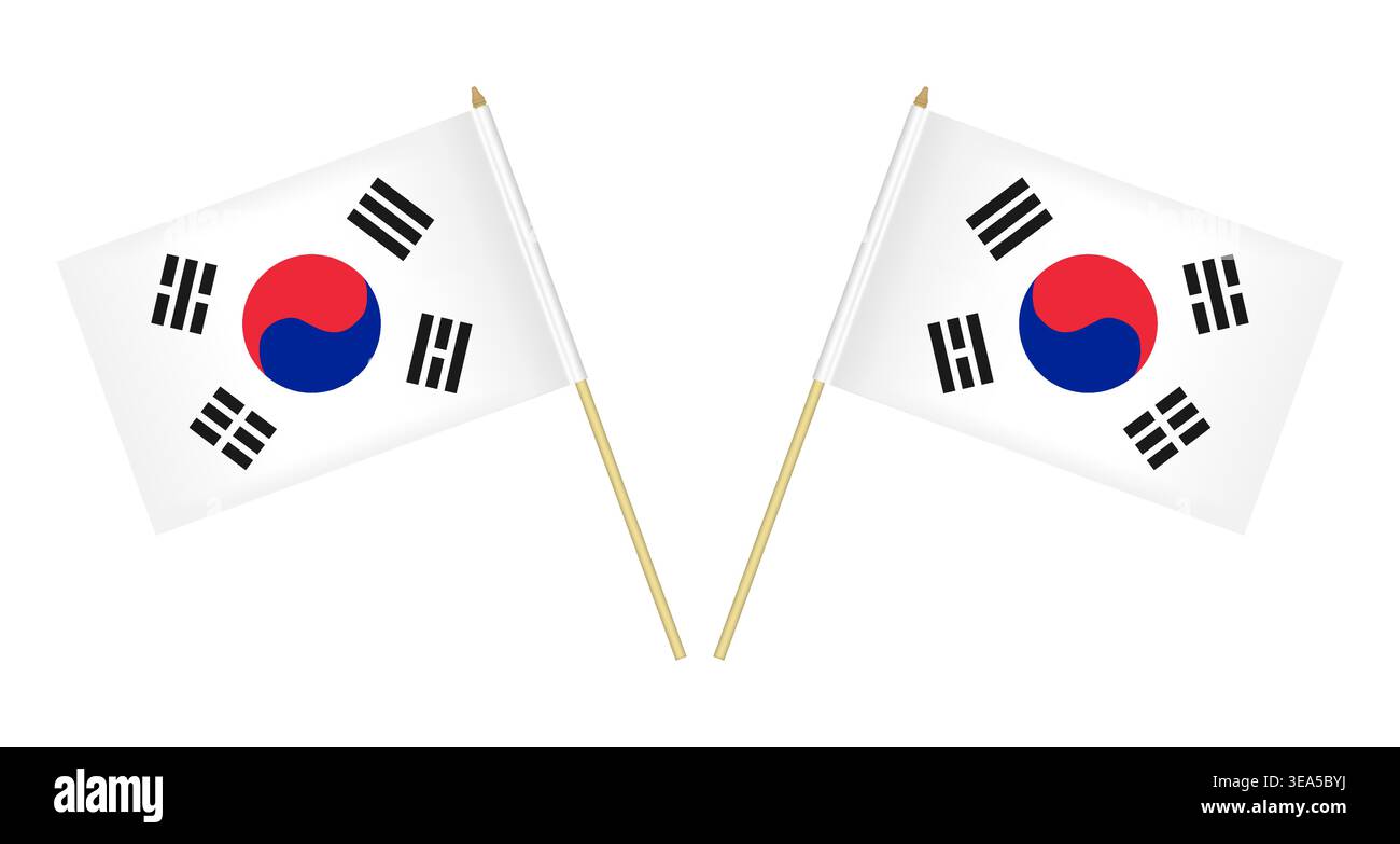 Two South Korean flags isolated on white background, vector illustration. Republic of Korea flag on pole Stock Vector