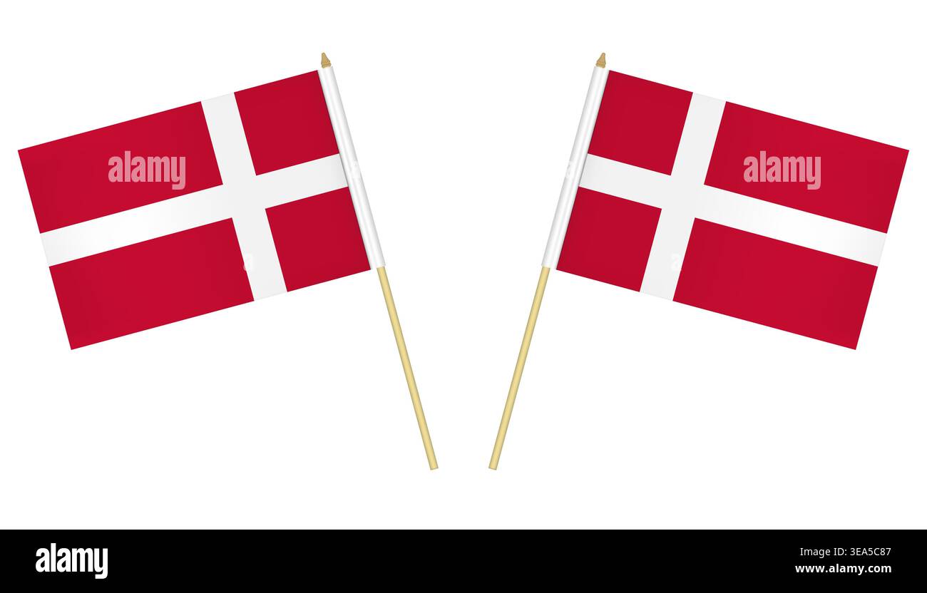 Two small Danish flags isolated on white background, vector illustration. Flag of Denmark on pole Stock Vector