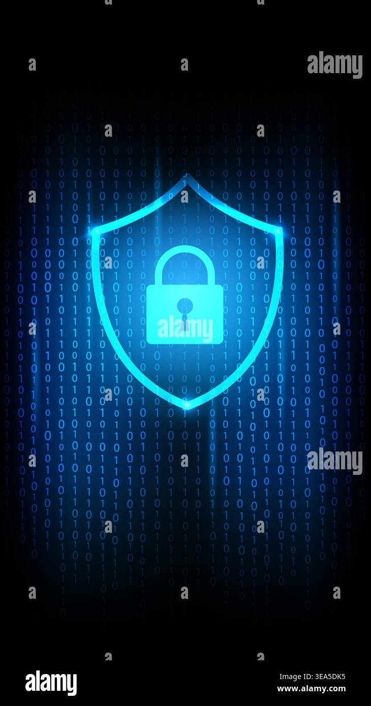 Cybersecurity vertical screen with glowing lock shield, binary code background and data protection theme Stock Vector